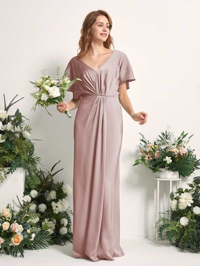 Carlyna Bailey A-Line Dusty Rose Satin Bridesmaid Dress Maxi Cap Sleeve V-Neck Dress Side View 2 #color_dusty-rose