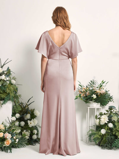 Carlyna Bailey A-Line Dusty Rose Satin Bridesmaid Dress Maxi Cap Sleeve V-Neck Dress Back View #color_dusty-rose