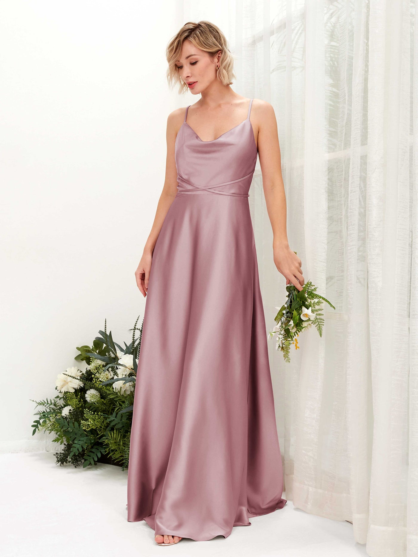 A-line Straps Sleeveless Satin Bridesmaid Dress - Rose Quartz (80223166)#color_rose-quartz