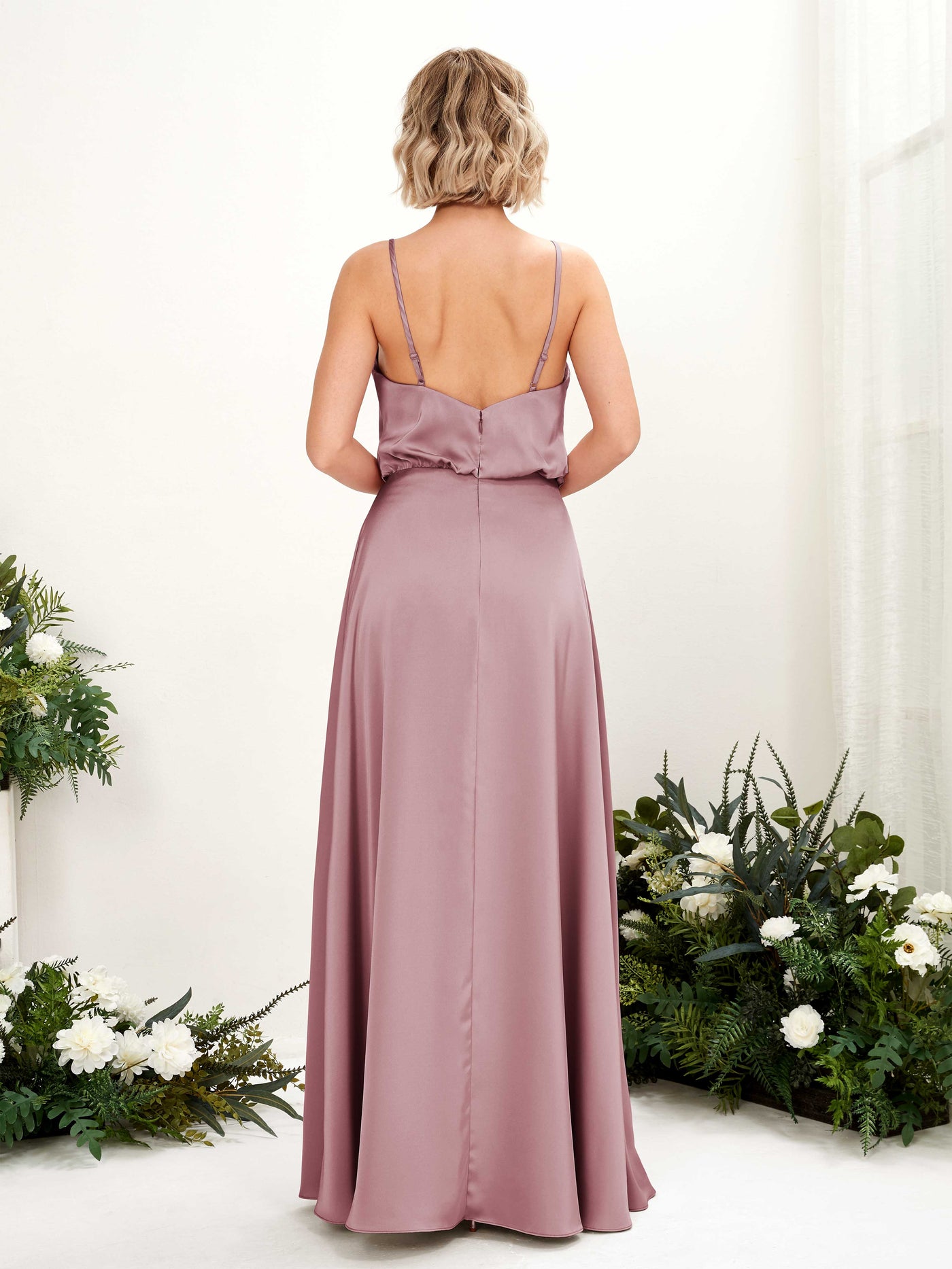 A-line Spaghetti-straps V-neck Satin Bridesmaid Dress - Rose Quartz (80224566)#color_rose-quartz