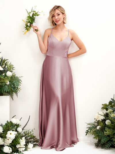 Carlyna Lenoya A-Line Rose Quartz Satin Bridesmaid Dress Maxi Sleeveless V-Neck Dress #color_rose-quartz
