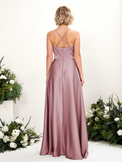 Carlyna Lenoya A-Line Rose Quartz Satin Bridesmaid Dress Maxi Sleeveless V-Neck Dress #color_rose-quartz