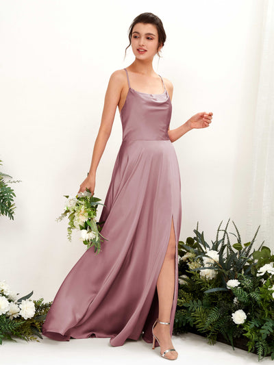 Carlyna Theresa A-Line Rose Quartz Satin Bridesmaid Dress Maxi Sleeveless Cowl Neck Dress #color_rose-quartz