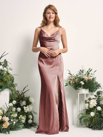 Carlyna Hayley Mermaid Desert Rose Satin Bridesmaid Dress Maxi Sleeveless V-Neck Dress Front View #color_desert-rose
