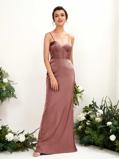 Carlyna Cathy Mermaid Desert Rose Satin Bridesmaid Dress Maxi Sleeveless Sweetheart Dress Front View #color_desert-rose
