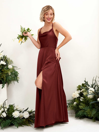 Carlyna Nydia A-Line Burgundy Satin Bridesmaid Dress Maxi Sleeveless Cowl Neck Dress #color_burgundy