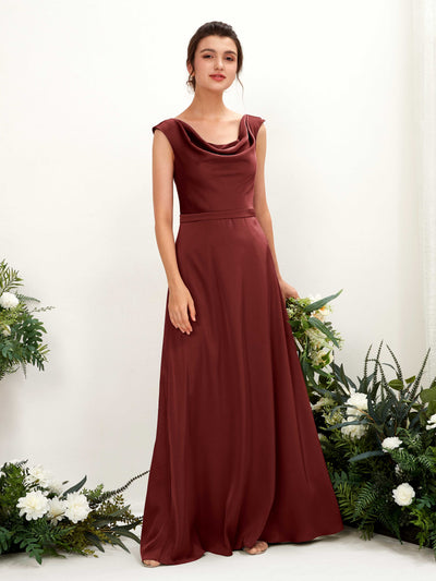 Carlyna Irma A-Line Burgundy Satin Bridesmaid Dress Maxi Sleeveless Cowl Neck Dress Front View #color_burgundy