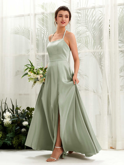 Carlyna Jocelyn A-Line Sage Green Satin Bridesmaid Dress Maxi Sleeveless Halter Dress #color_sage-green