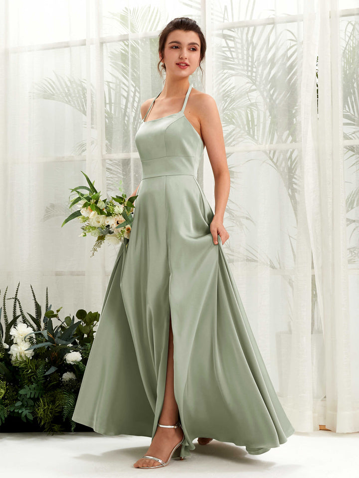 Sage Green Satin Bridesmaid Dress A-Line Maxi with Leg Slit Carlyna UK 99.00 Sage Green Satin Bridesmaid Dress A-Line Maxi with Leg Slit Carlyna UK 99.00