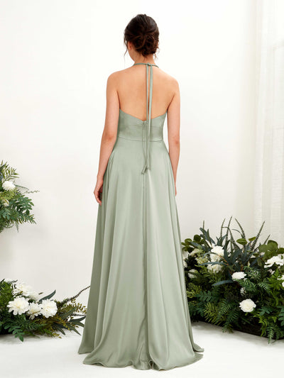 Carlyna Jocelyn A-Line Sage Green Satin Bridesmaid Dress Maxi Sleeveless Halter Dress #color_sage-green