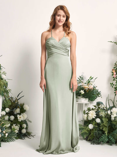 Carlyna Allison A-Line Sage Green Satin Bridesmaid Dress Maxi Sleeveless V-Neck Dress Front View #color_sage-green