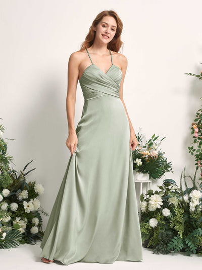 Carlyna Allison A-Line Sage Green Satin Bridesmaid Dress Maxi Sleeveless V-Neck Dress Side View 2 #color_sage-green