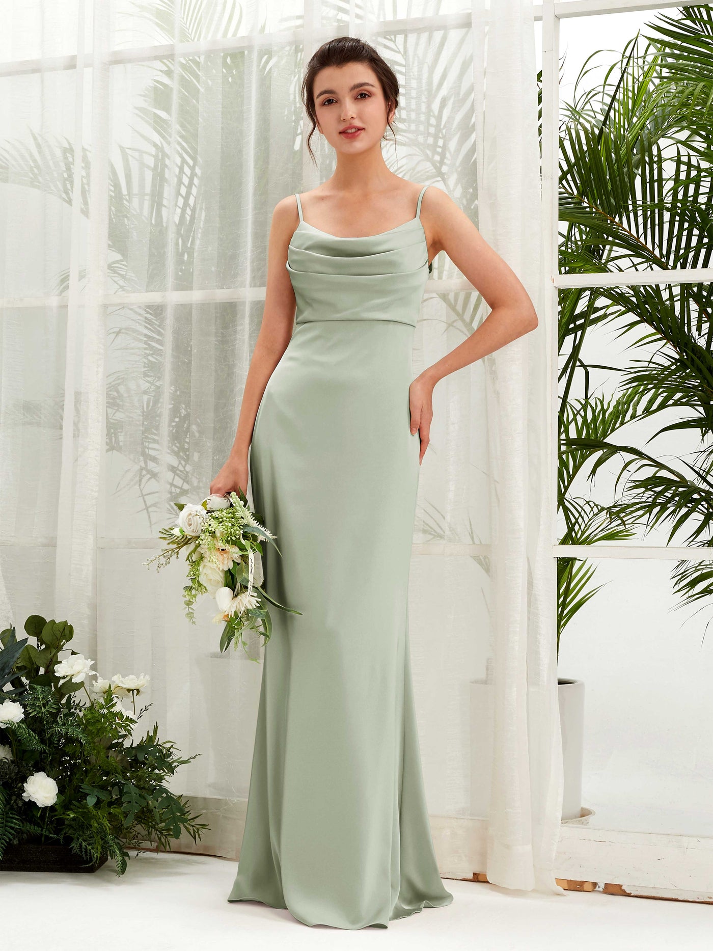 Straps Sleeveless Satin Bridesmaid Dress - Sage Green (80221712)#color_sage-green
