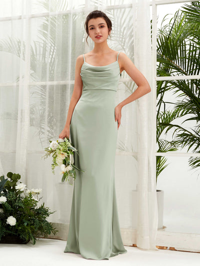 Carlyna Candice Sheath Sage Green Satin Bridesmaid Dress Maxi Sleeveless Cowl Neck Dress Front View #color_sage-green
