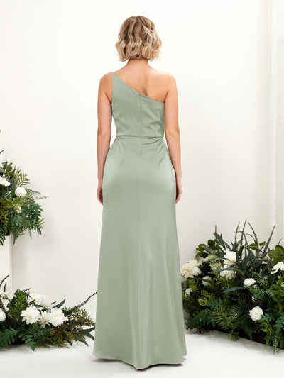 Carlyna Hedy Sheath Sage Green Satin Bridesmaid Dress Maxi Sleeveless One Shoulder Dress Back View #color_sage-green