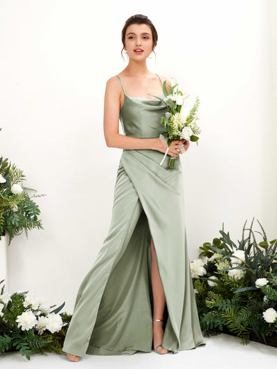 Carlyna Mavis Slim Sage Green Satin Bridesmaid Dress Maxi Sleeveless Cowl Neck Dress #color_sage-green