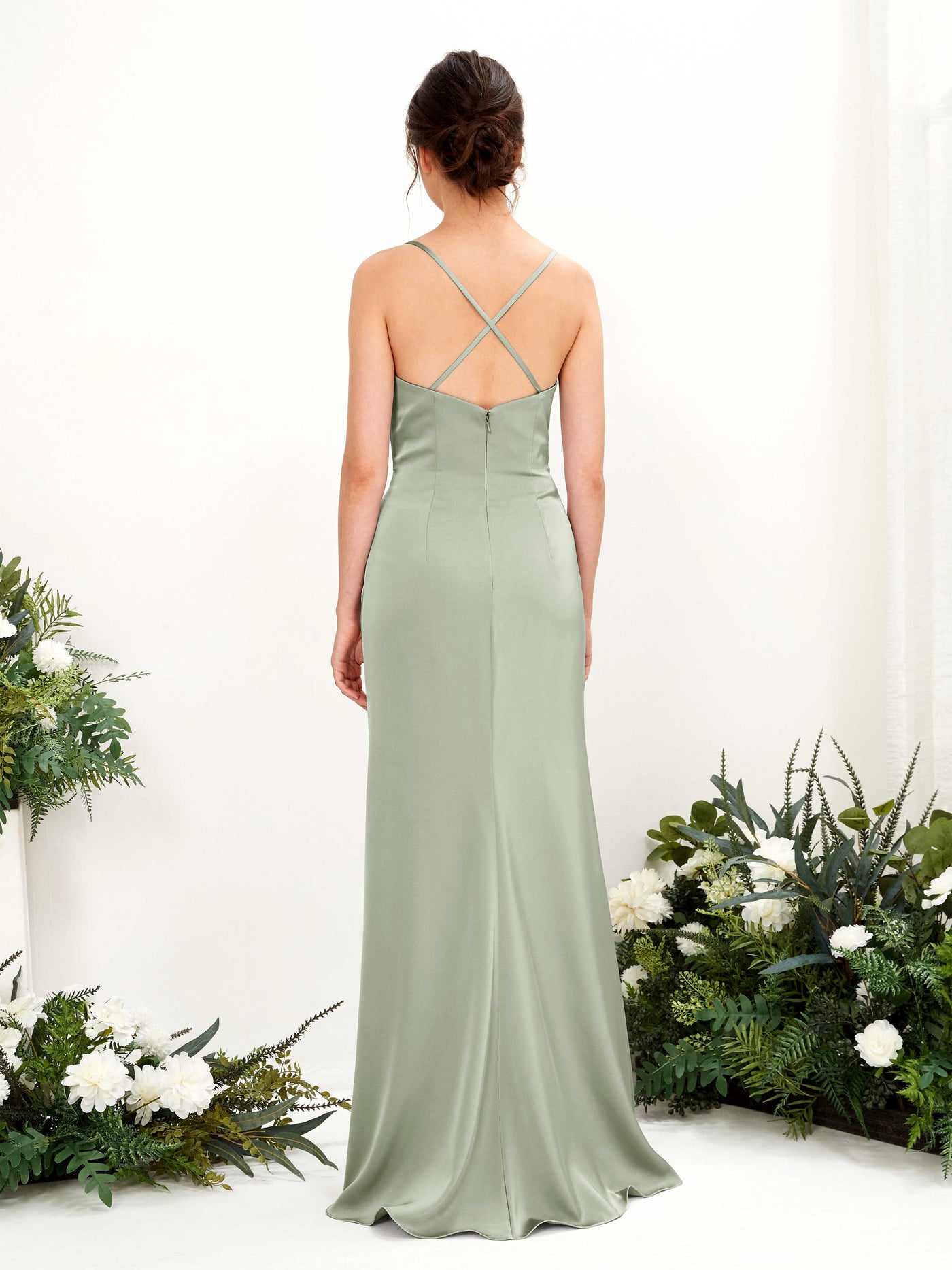 Straps Sleeveless Satin Bridesmaid Dress - Sage Green (80222412)#color_sage-green