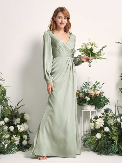 Carlyna Taylor Mermaid Sage Green Satin Bridesmaid Dress Maxi Long Sleeve V-Neck  #color_sage-green