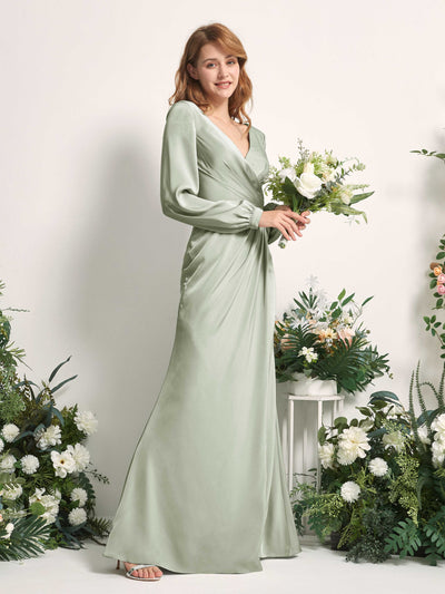 Carlyna Taylor Mermaid Sage Green Satin Bridesmaid Dress Maxi Long Sleeve V-Neck  #color_sage-green