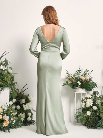 Carlyna Taylor Mermaid Sage Green Satin Bridesmaid Dress Maxi Long Sleeve V-Neck  #color_sage-green