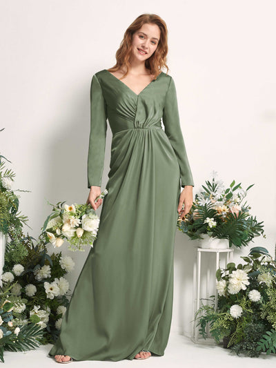 Carlyna Alicia Mermaid Green Olive Satin Bridesmaid Dress Maxi Long Sleeve V-Neck Front View #color_green-olive