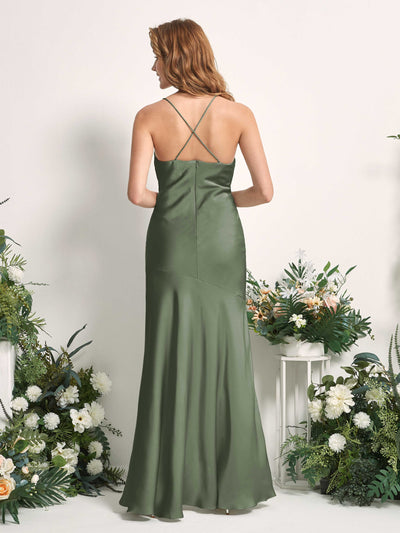 Carlyna Florence Mermaid Green Olive Satin Bridesmaid Dress Maxi Sleeveless Cowl Neck Dress Back View #color_green-olive