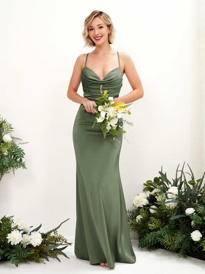Carlyna Regina Mermaid Green Olive Satin Bridesmaid Dress Maxi Sleeveless Cowl Neck Dress #color_green-olive