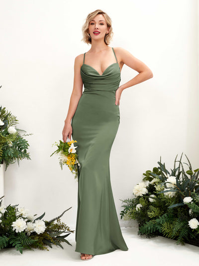 Carlyna Regina Mermaid Green Olive Satin Bridesmaid Dress Maxi Sleeveless Cowl Neck Dress #color_green-olive