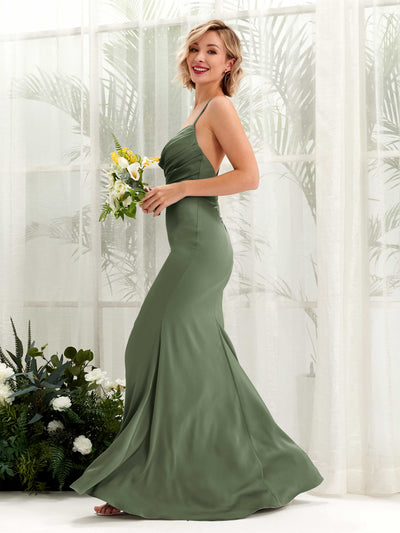 Carlyna Regina Mermaid Green Olive Satin Bridesmaid Dress Maxi Sleeveless Cowl Neck Dress #color_green-olive