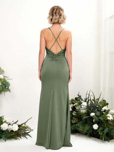 Carlyna Regina Mermaid Green Olive Satin Bridesmaid Dress Maxi Sleeveless Cowl Neck Dress #color_green-olive