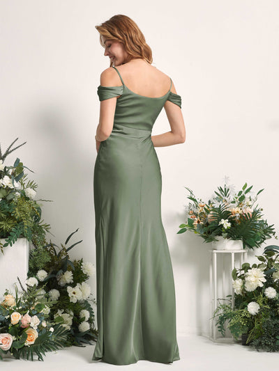 Carlyna Alexis Mermaid Green Olive Satin Bridesmaid Dress Maxi Sleeveless Cowl Neck Dress Back View #color_green-olive