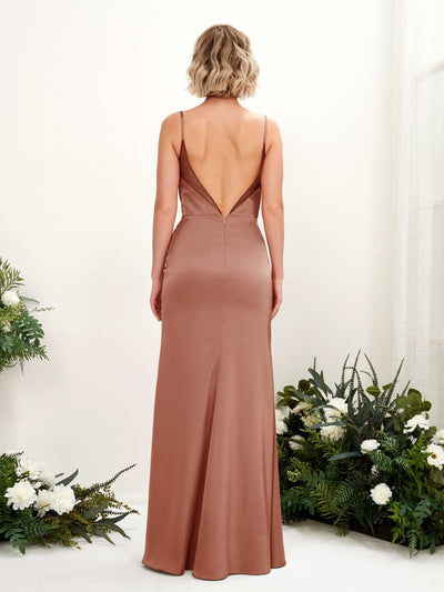 Carlyna Letitia Mermaid Raw Sienna Satin Bridesmaid Dress Maxi Sleeveless V-Neck Dress #color_raw-sienna