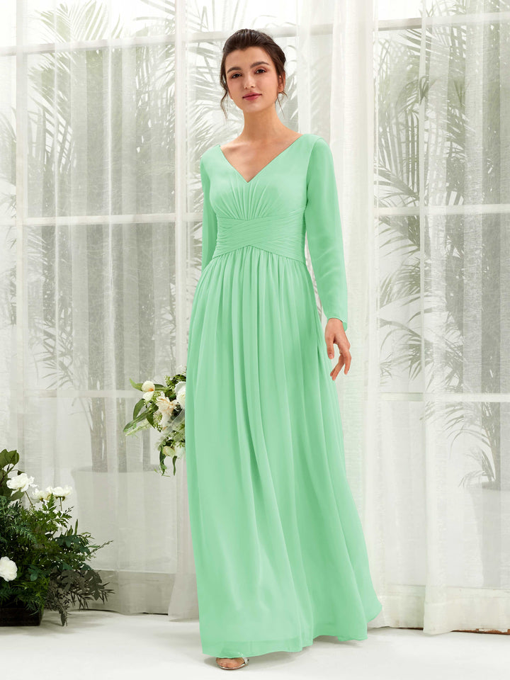 Ball Gown V-neck Long Sleeves Chiffon Bridesmaid Dress - Mint Green (81220322)