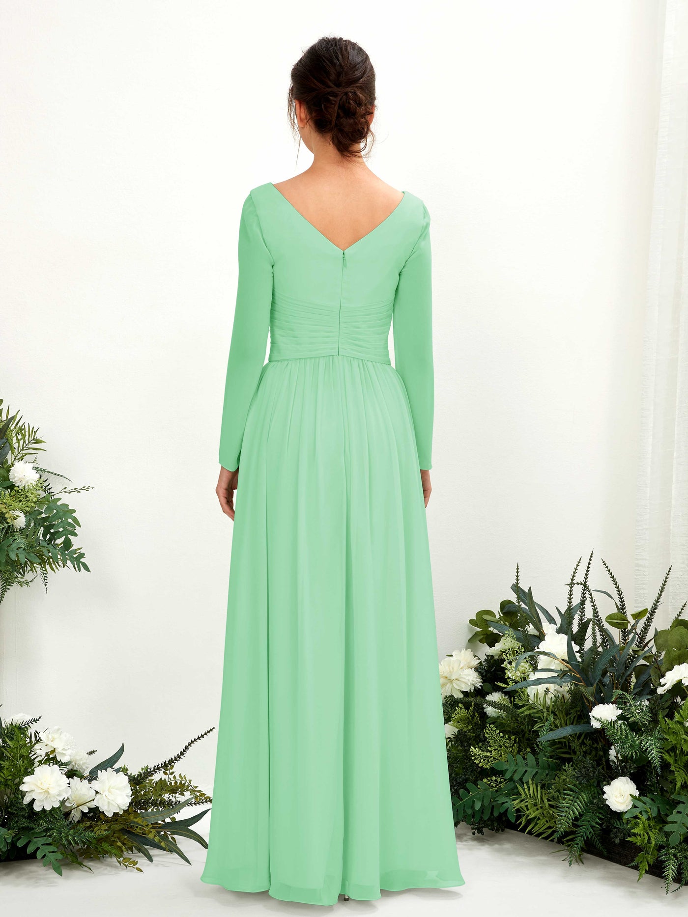 Ball Gown V-neck Long Sleeves Chiffon Bridesmaid Dress - Mint Green (81220322)#color_mint-green