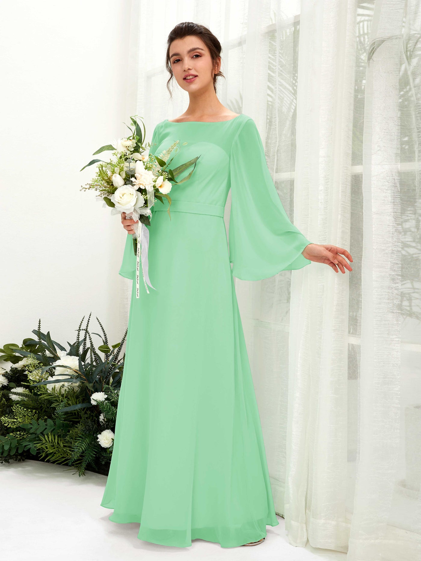 Bateau Illusion Long Sleeves Chiffon Bridesmaid Dress - Mint Green (81220522)#color_mint-green
