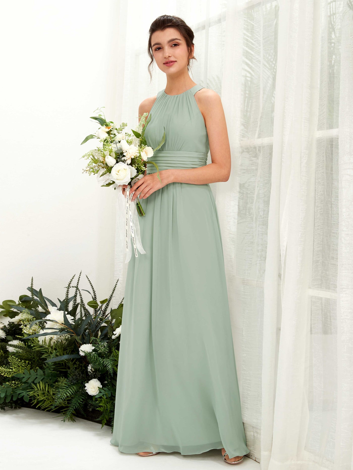 A-line Round Sleeveless Chiffon Bridesmaid Dress - Sage Green (81221505)#color_sage-green