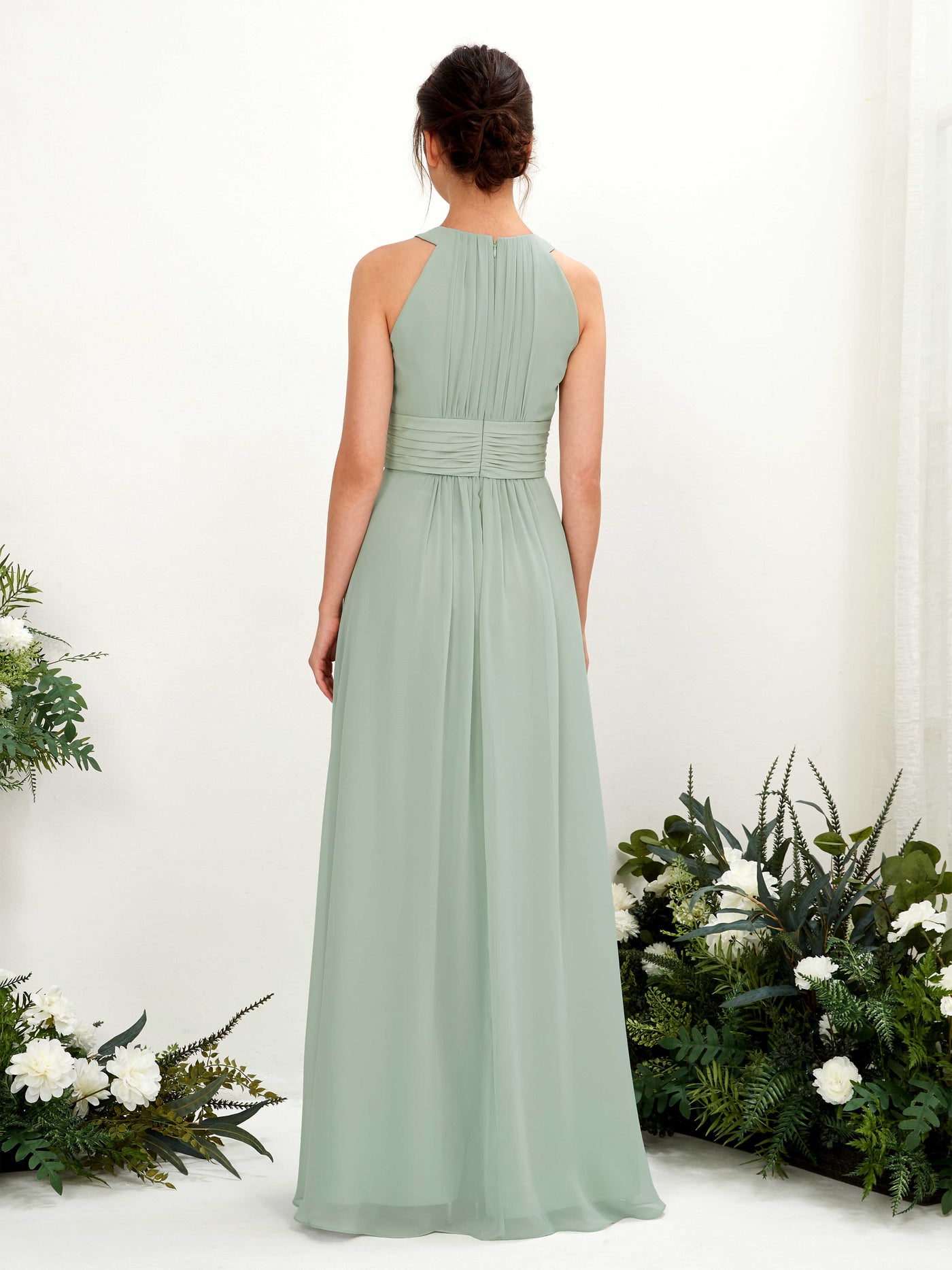 A-line Round Sleeveless Chiffon Bridesmaid Dress - Sage Green (81221505)#color_sage-green