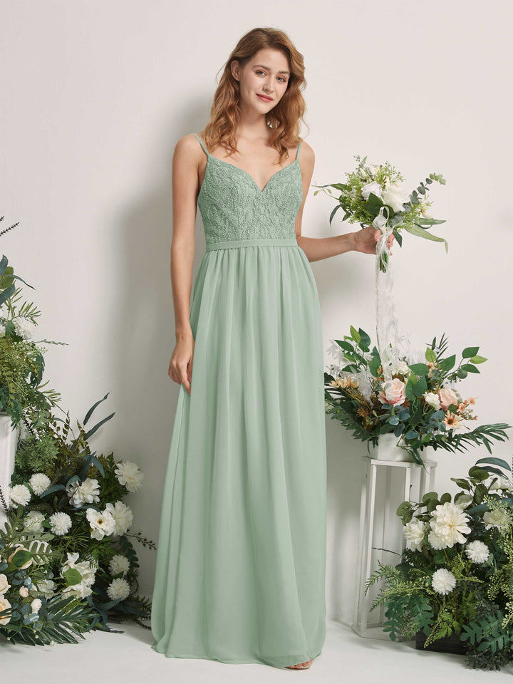 Sage Green Bridesmaid Dresses A-line Spaghetti-straps Sleeveless Chiffon Dresses (81226505)