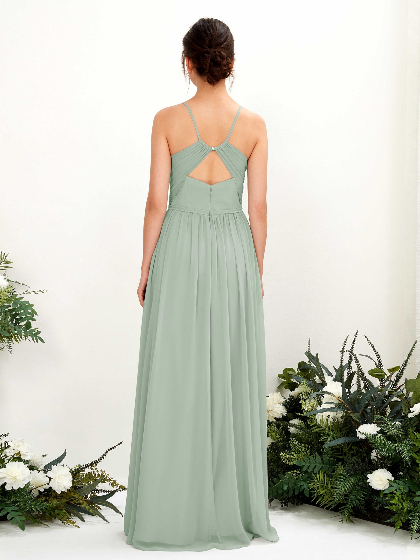 Spaghetti-straps V-neck Chiffon Bridesmaid Dress - Sage Green (81221405)#color_sage-green