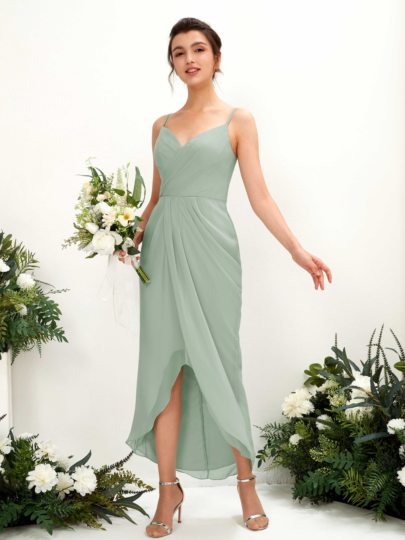 Spaghetti-straps V-neck Sleeveless Chiffon Bridesmaid Dress - Sage Green (81221305)#color_sage-green