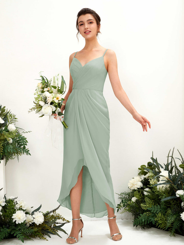 Spaghetti-straps V-neck Sleeveless Chiffon Bridesmaid Dress - Sage Green (81221305)