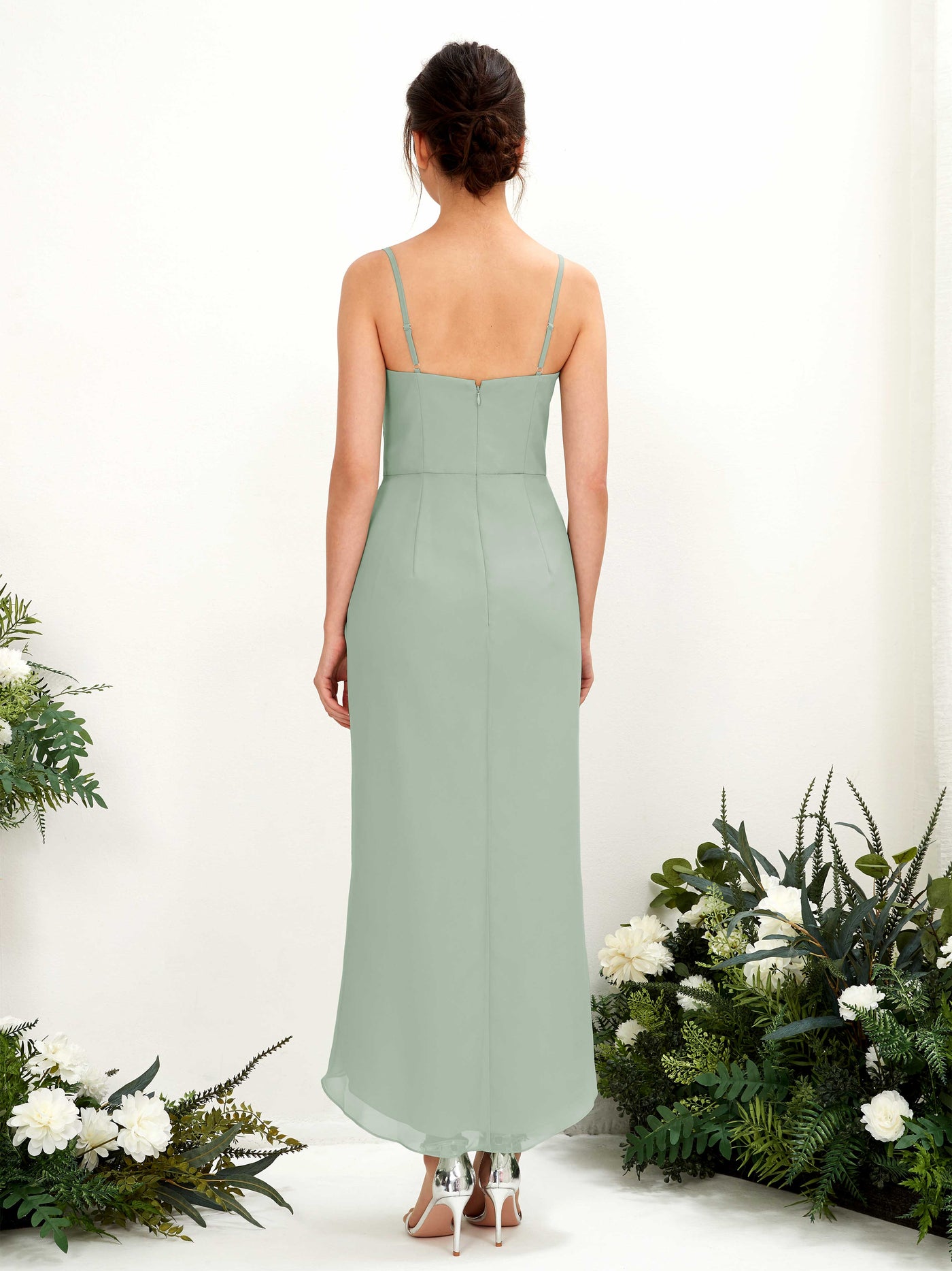 Spaghetti-straps V-neck Sleeveless Chiffon Bridesmaid Dress - Sage Green (81221305)#color_sage-green