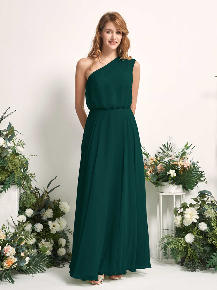 Bridesmaid Dress A-line Chiffon One Shoulder Full Length Sleeveless Wedding Party Dress - Dark Emerald (81226817)