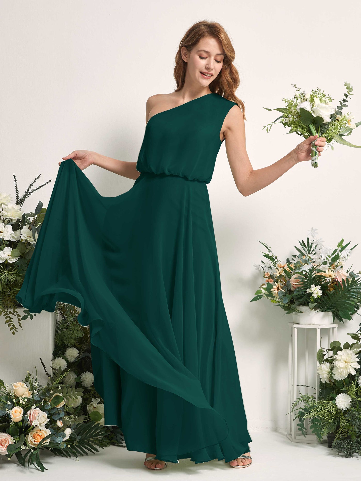 Bridesmaid Dress A-line Chiffon One Shoulder Full Length Sleeveless Wedding Party Dress - Dark Emerald (81226817)#color_dark-emerald