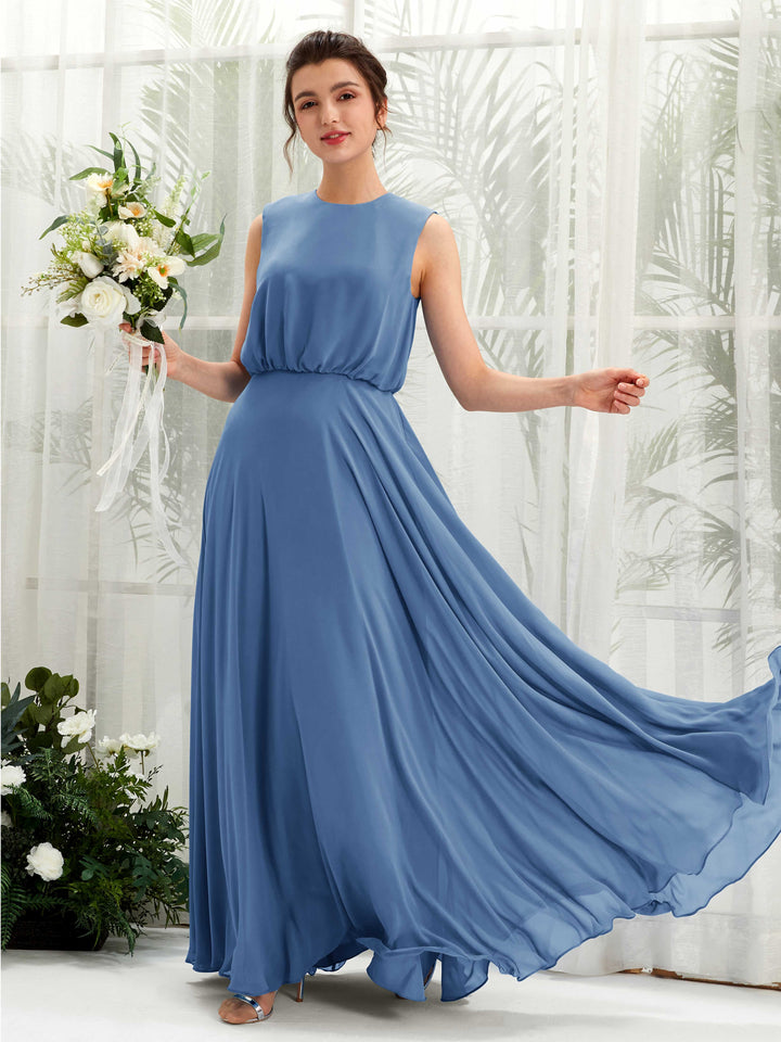 Round Sleeveless Chiffon Bridesmaid Dress - Dusty Blue (81222810)