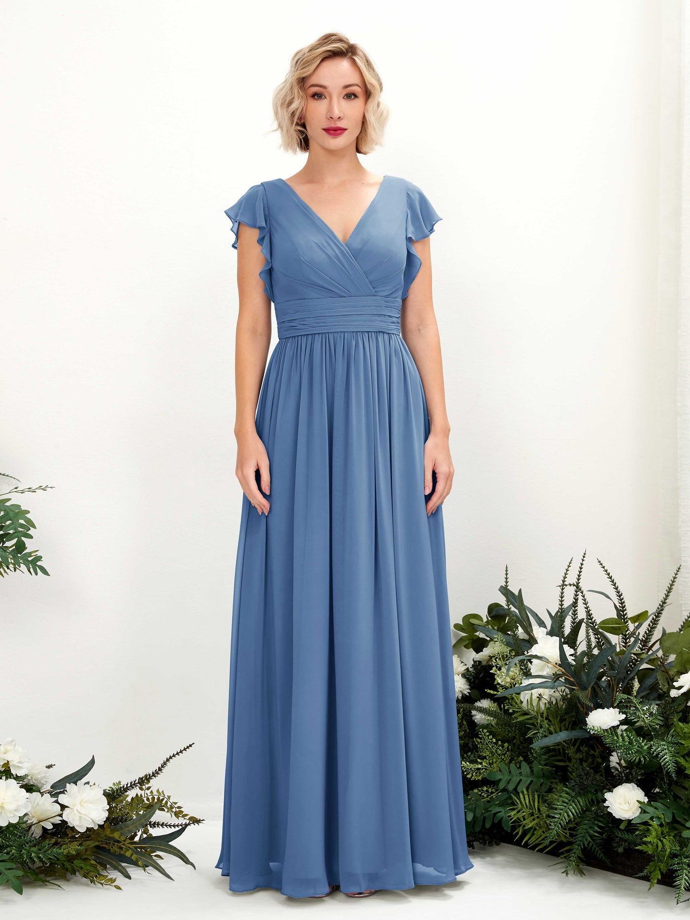 V-neck Short Sleeves Chiffon Bridesmaid Dress - Dusty Blue (81222710)#color_dusty-blue