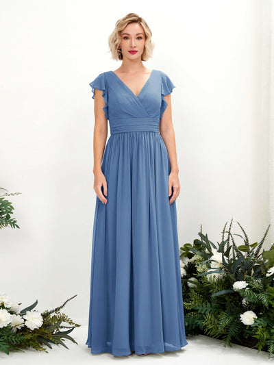 Carlyna Grino A-Line Dusty Blue Bridesmaid Dress Maxi Cap Sleeve V-Neck Dress Front View #color_dusty-blue
