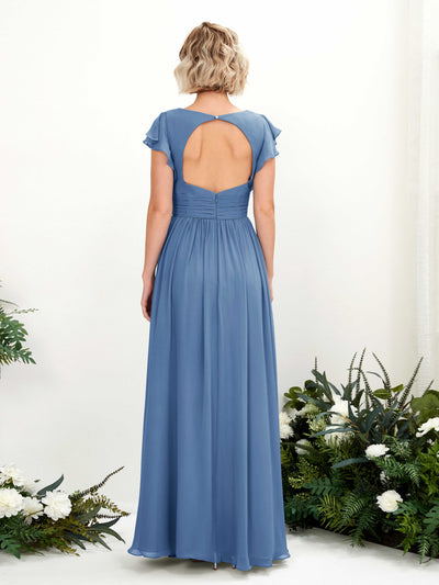 Carlyna Grino A-Line Dusty Blue Bridesmaid Dress Maxi Cap Sleeve V-Neck Dress Back View #color_dusty-blue