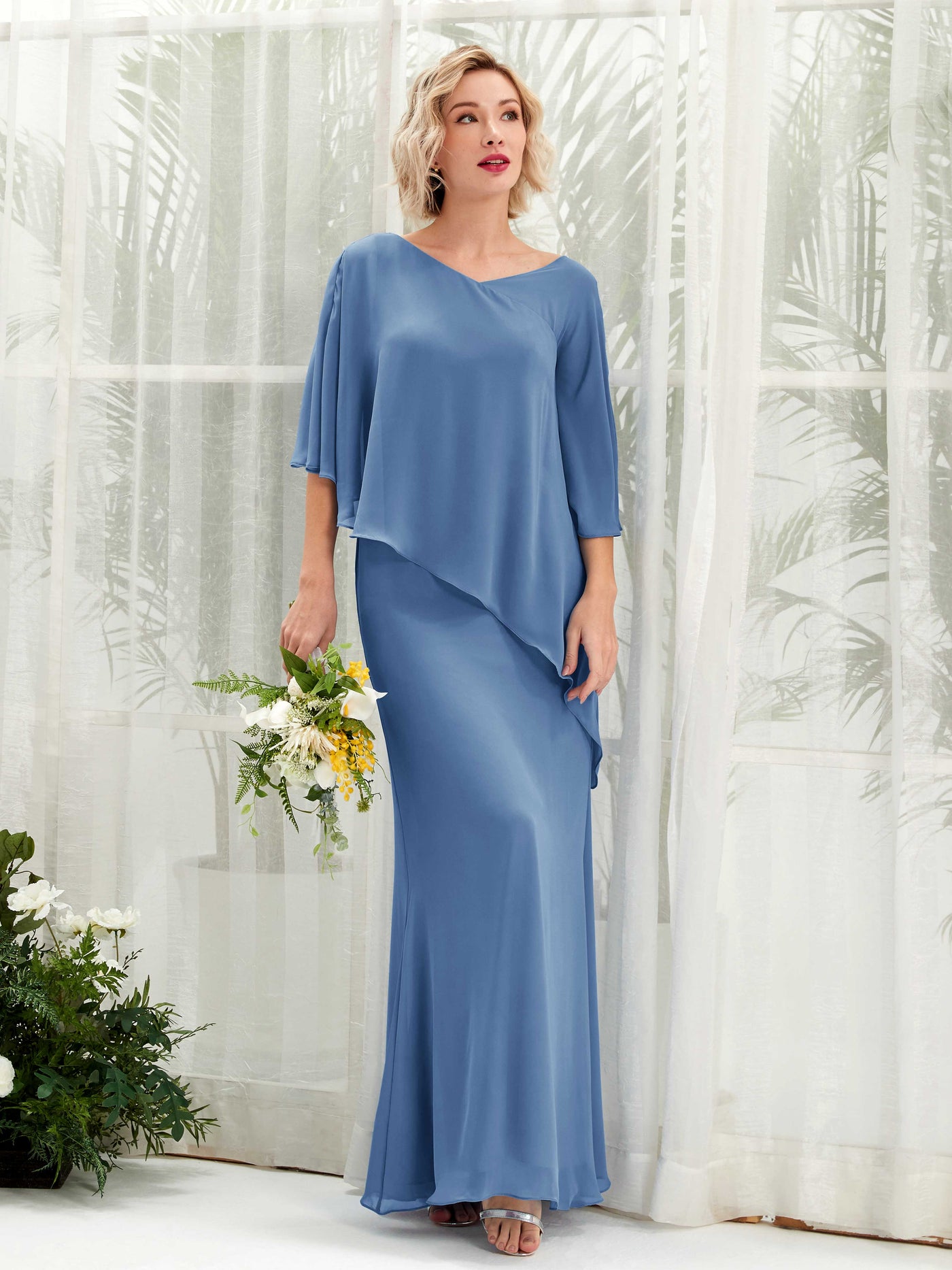 V-neck 3/4 Sleeves Chiffon Bridesmaid Dress - Dusty Blue (81222510)#color_dusty-blue