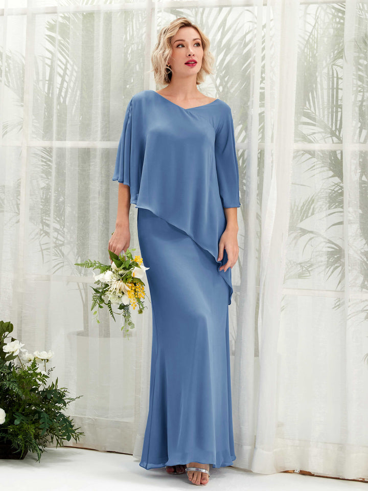 V-neck 3/4 Sleeves Chiffon Bridesmaid Dress - Dusty Blue (81222510)